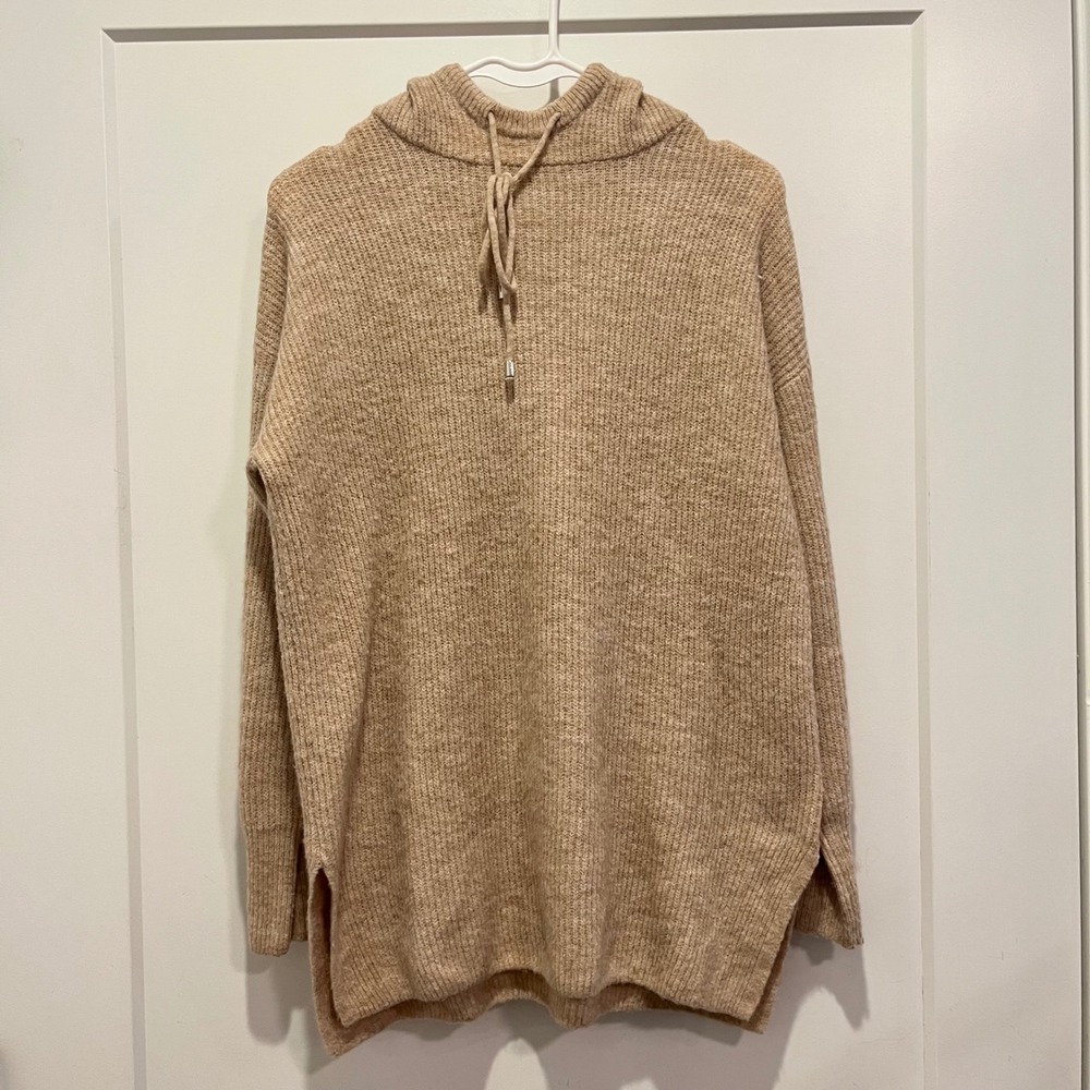 Woolen Bloom Tan Ribbed Knit Hooded Sweater Womens Small Long Sleeve Pullover